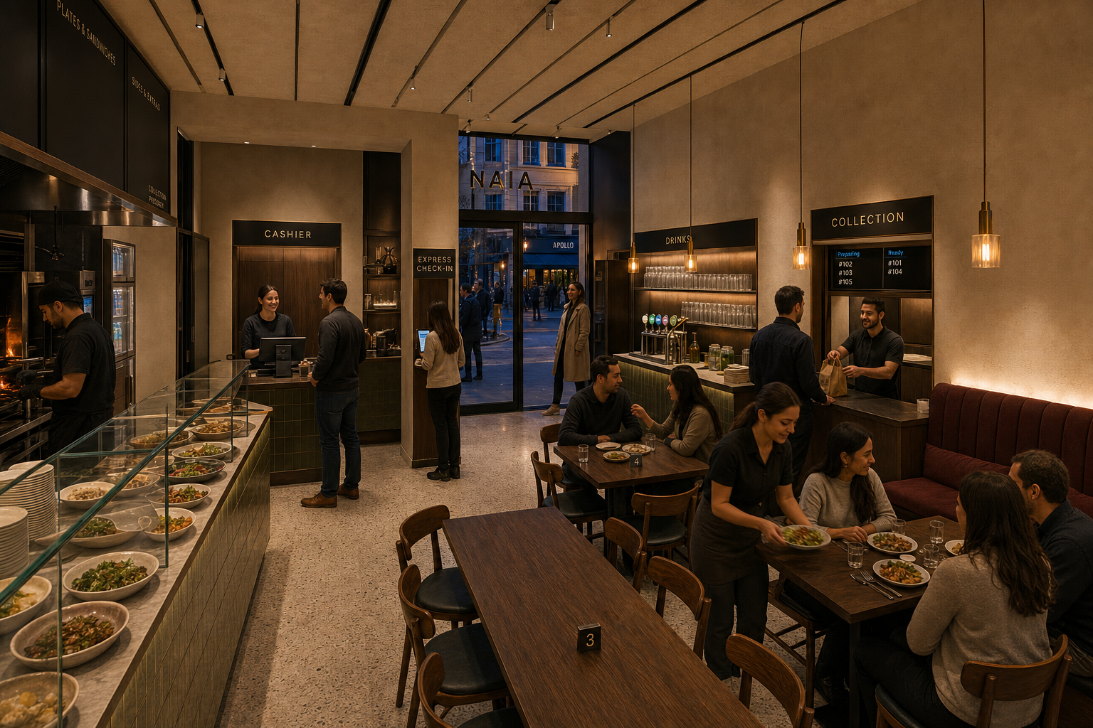 A lively naia dining room with an open counter and guests sharing a meal